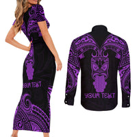 Personalised New Zealand Te Reo Maori Couples Matching Short Sleeve Bodycon Dress and Long Sleeve Button Shirts Kia Kaha Maori Language Week Purple Style LT9 - Polynesian Pride