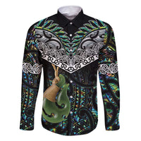 Personalised Maori Manaia Family Matching Off Shoulder Maxi Dress and Hawaiian Shirt New Zealand Tribal Hei Matau Papua Shell LT9 Dad's Shirt - Long Sleeve Green - Polynesian Pride