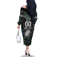 Custom New Zealand Family Matching Off The Shoulder Long Sleeve Dress and Hawaiian Shirt Maori Rugby Tattoo Papua Shell LT9 - Polynesian Pride