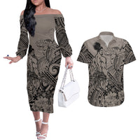 Beauty and The Warrior Polynesian Valentine Couples Matching Off The Shoulder Long Sleeve Dress and Hawaiian Shirt Hibiscus FLowers Brown Style LT9 Brown - Polynesian Pride