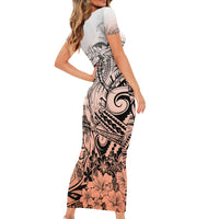 Beauty and The Warrior Polynesian Valentine Short Sleeve Bodycon Dress Hibiscus FLowers Orange Style LT9 - Polynesian Pride
