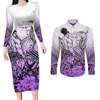 Beauty and The Warrior Polynesian Valentine Couples Matching Long Sleeve Bodycon Dress and Long Sleeve Button Shirt Hibiscus FLowers Purple Style LT9 Purple - Polynesian Pride