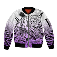 Beauty and The Warrior Polynesian Valentine Sleeve Zip Bomber Jacket Hibiscus FLowers Purple Style LT9 Unisex Purple - Polynesian Pride