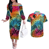 Beauty and The Warrior Polynesian Valentine Couples Matching Off The Shoulder Long Sleeve Dress and Hawaiian Shirt Hibiscus FLowers Rainbow Style LT9 Rainbow - Polynesian Pride