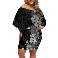 Hawaii Tropical Flowers Tribal Pattern Family Matching Off Shoulder Short Dress and Hawaiian Shirt Black Style LT9 Mom's Dress Black - Polynesian Pride