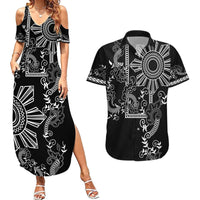 Filipino Sun Tribal Tattoo Couples Matching Summer Maxi Dress and Hawaiian Shirt Philippines Inspired Barong Simple Black LT9 Black - Polynesian Pride