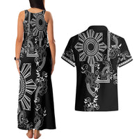 Filipino Sun Tribal Tattoo Couples Matching Tank Maxi Dress and Hawaiian Shirt Philippines Inspired Barong Simple Black