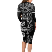 Filipino Sun Tribal Tattoo Long Sleeve Bodycon Dress Philippines Inspired Barong Simple Black