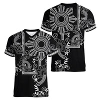 Filipino Sun Tribal Tattoo Women V-Neck T-Shirt Philippines Inspired Barong Simple Black
