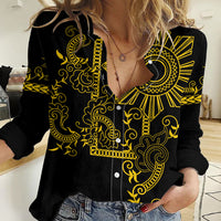 Filipino Sun Tribal Tattoo Women Casual Shirt Philippines Inspired Barong Simple Gold