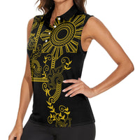 Filipino Sun Tribal Tattoo Women Sleeveless Polo Shirt Philippines Inspired Barong Simple Gold