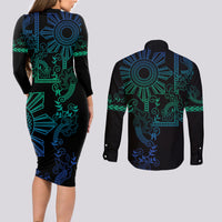 Filipino Sun Tribal Tattoo Couples Matching Long Sleeve Bodycon Dress and Long Sleeve Button Shirt Philippines Inspired Barong Blue Art