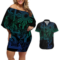 Filipino Sun Tribal Tattoo Couples Matching Off Shoulder Short Dress and Hawaiian Shirt Philippines Inspired Barong Blue Art LT9 Blue - Polynesian Pride