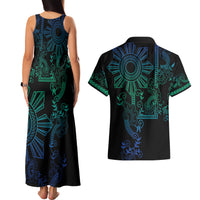 Filipino Sun Tribal Tattoo Couples Matching Tank Maxi Dress and Hawaiian Shirt Philippines Inspired Barong Blue Art