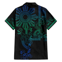 Filipino Sun Tribal Tattoo Family Matching Off Shoulder Short Dress and Hawaiian Shirt Philippines Inspired Barong Blue Art