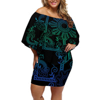Filipino Sun Tribal Tattoo Off Shoulder Short Dress Philippines Inspired Barong Blue Art LT9 Women Blue - Polynesian Pride