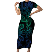 Filipino Sun Tribal Tattoo Short Sleeve Bodycon Dress Philippines Inspired Barong Blue Art