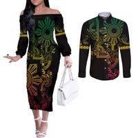 Filipino Sun Tribal Tattoo Couples Matching Off The Shoulder Long Sleeve Dress and Long Sleeve Button Shirt Philippines Inspired Barong Reggae Art