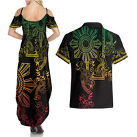 Filipino Sun Tribal Tattoo Couples Matching Summer Maxi Dress and Hawaiian Shirt Philippines Inspired Barong Reggae Art