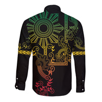 Filipino Sun Tribal Tattoo Long Sleeve Button Shirt Philippines Inspired Barong Reggae Art