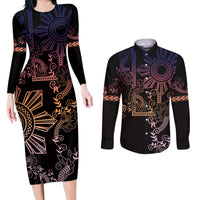 Filipino Sun Tribal Tattoo Couples Matching Long Sleeve Bodycon Dress and Long Sleeve Button Shirt Philippines Inspired Barong Pink Art
