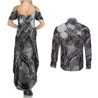 Pacific Beauty Girl Couples Matching Summer Maxi Dress and Long Sleeve Button Shirt Black Polyneisan Tribal Vintage Motif