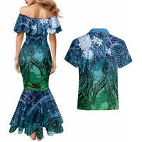 Pacific Beauty Girl Couples Matching Mermaid Dress and Hawaiian Shirt Blue Polyneisan Tribal Vintage Motif