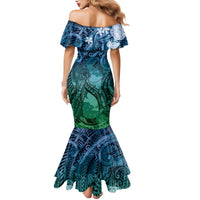 Pacific Beauty Girl Family Matching Mermaid Dress and Hawaiian Shirt Blue Polyneisan Tribal Vintage Motif