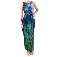 Pacific Beauty Girl Family Matching Tank Maxi Dress and Hawaiian Shirt Blue Polyneisan Tribal Vintage Motif