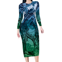 Pacific Beauty Girl Long Sleeve Bodycon Dress Blue Polyneisan Tribal Vintage Motif LT9 Long Dress Blue - Polynesian Pride