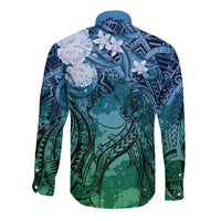 Pacific Beauty Girl Long Sleeve Button Shirt Blue Polyneisan Tribal Vintage Motif