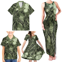 Pacific Beauty Girl Family Matching Tank Maxi Dress and Hawaiian Shirt Green Polyneisan Tribal Vintage Motif