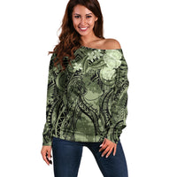 Pacific Beauty Girl Off Shoulder Sweater Green Polyneisan Tribal Vintage Motif