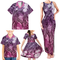 Pacific Beauty Girl Family Matching Tank Maxi Dress and Hawaiian Shirt Pink Polyneisan Tribal Vintage Motif