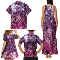 Pacific Beauty Girl Family Matching Tank Maxi Dress and Hawaiian Shirt Pink Polyneisan Tribal Vintage Motif