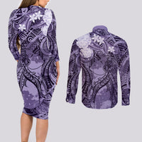 Pacific Beauty Girl Couples Matching Long Sleeve Bodycon Dress and Long Sleeve Button Shirt Violet Polyneisan Tribal Vintage Motif