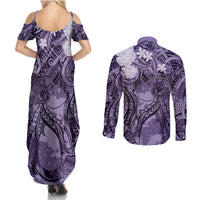Pacific Beauty Girl Couples Matching Summer Maxi Dress and Long Sleeve Button Shirt Violet Polyneisan Tribal Vintage Motif