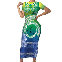 Malpampa Vanuatu Family Matching Short Sleeve Bodycon Dress and Hawaiian Shirt Hibiscus Sand Drawing with Pacific Pattern LT9 Mom's Dress Green Art - Polynesian Pride