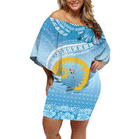 Sanma Vanuatu Family Matching Off Shoulder Short Dress and Hawaiian Shirt Hibiscus Sand Drawing with Pacific Pattern LT9 Mom's Dress Blue Art - Polynesian Pride