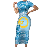 Sanma Vanuatu Family Matching Short Sleeve Bodycon Dress and Hawaiian Shirt Hibiscus Sand Drawing with Pacific Pattern LT9 Mom's Dress Blue Art - Polynesian Pride