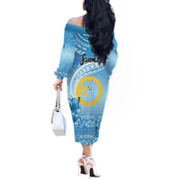 Sanma Vanuatu Off The Shoulder Long Sleeve Dress Hibiscus Sand Drawing with Pacific Pattern