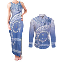Shefa Vanuatu Couples Matching Tank Maxi Dress and Long Sleeve Button Shirt Hibiscus Sand Drawing with Pacific Pattern LT9 Blue Art - Polynesian Pride