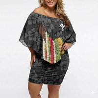 Hawaii Lei Kamehameha Off Shoulder Short Dress Ele'ele Seamless Pattern Hibiscus Flower LT9 Women Black - Polynesian Pride