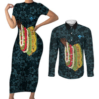 Hawaii Lei Kamehameha Couples Matching Short Sleeve Bodycon Dress and Long Sleeve Button Shirt Uliuli Seamless Pattern Hibiscus Flower LT9 Blue - Polynesian Pride