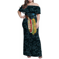 Hawaii Lei Kamehameha Family Matching Off Shoulder Maxi Dress and Hawaiian Shirt Uliuli Seamless Pattern Hibiscus Flower LT9 Mom's Dress Blue - Polynesian Pride