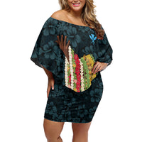 Hawaii Lei Kamehameha Family Matching Off Shoulder Short Dress and Hawaiian Shirt Uliuli Seamless Pattern Hibiscus Flower LT9 Mom's Dress Blue - Polynesian Pride