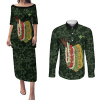 Hawaii Lei Kamehameha Couples Matching Puletasi and Long Sleeve Button Shirt Oma'oma'o Seamless Pattern Hibiscus Flower