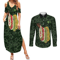 Hawaii Lei Kamehameha Couples Matching Summer Maxi Dress and Long Sleeve Button Shirt Oma'oma'o Seamless Pattern Hibiscus Flower LT9 Green - Polynesian Pride