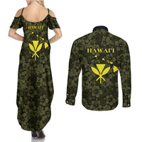 Hawaii Lei Kamehameha Couples Matching Summer Maxi Dress and Long Sleeve Button Shirt Melemele Seamless Pattern Hibiscus Flower LT9 - Polynesian Pride