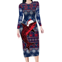 Samoa Manuia Le Kirisimasi Long Sleeve Bodycon Dress Samoan Fishing Tribal Pattern Christmas Vibe LT9 Long Dress Red - Polynesian Pride